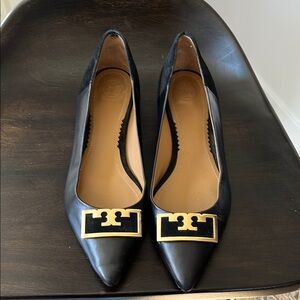 Tory Burch Gigi Pointed Toe Black Leather Flats